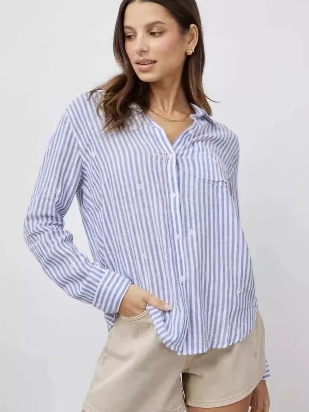 Rails Charli Blue and White Stripe Daisy Embroidered Linen Button Down Shirt